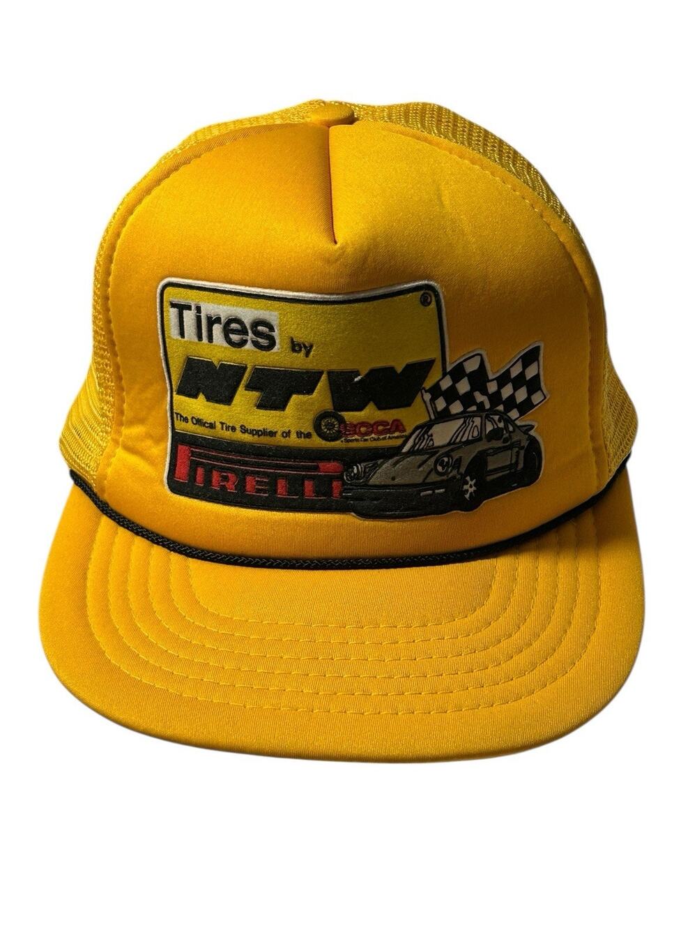 Vtg Tires National Tire Warehouse SCCA Pirelli Trucker Hat Snapback Yellow Mesh